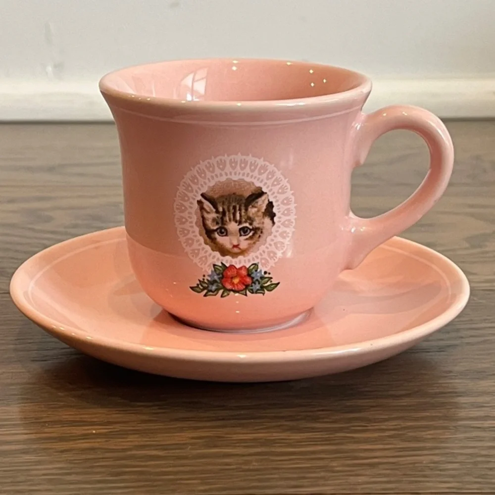 Vintage Pink Kitten Cat Demitasse Cup Saucer Japan Kitsch Cute Mid Century
